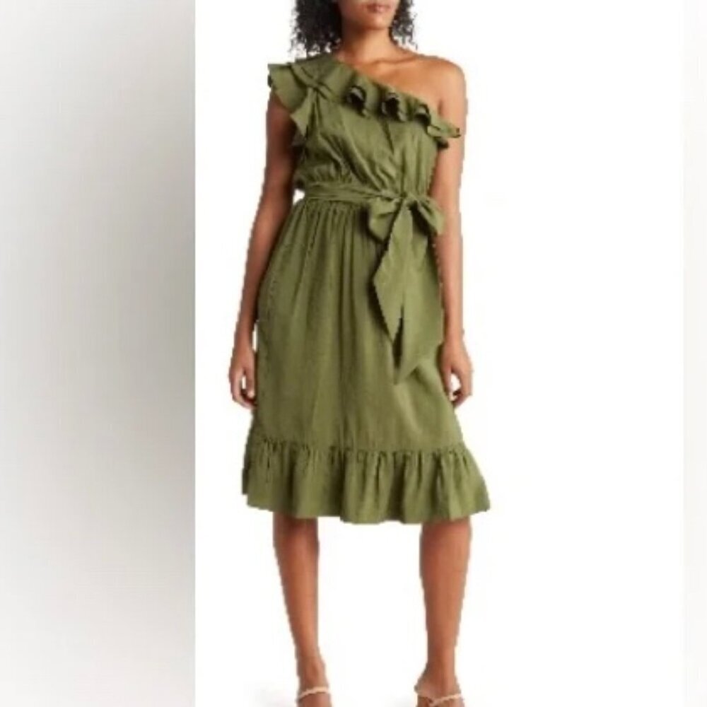 Maisie Tilda One Shoulder Dress Olive Green Ruffle Belt Bohemian Size Medium
